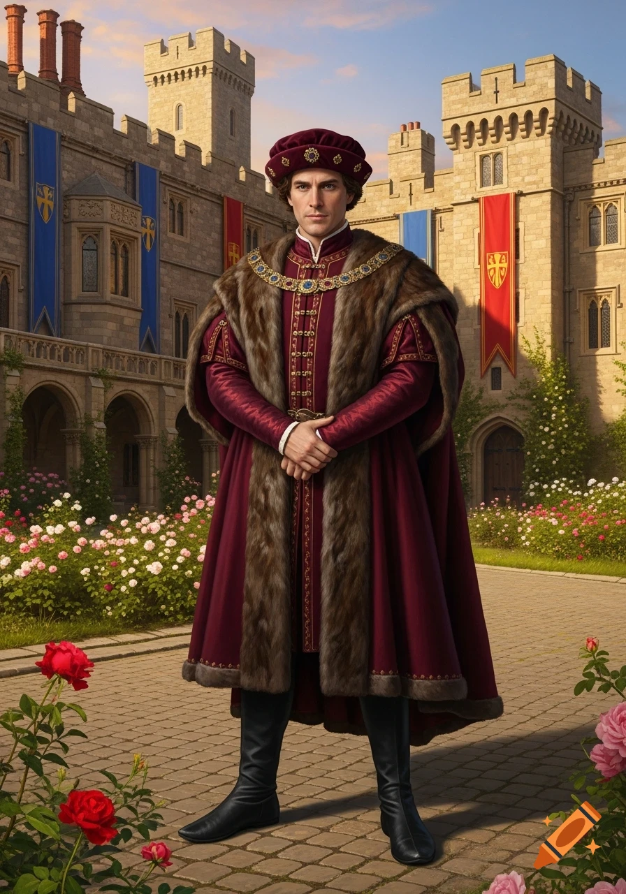 A man in a burgundy velvet and fur-trimmed robe stands in front of a grand stone castle with blooming rose bushes.