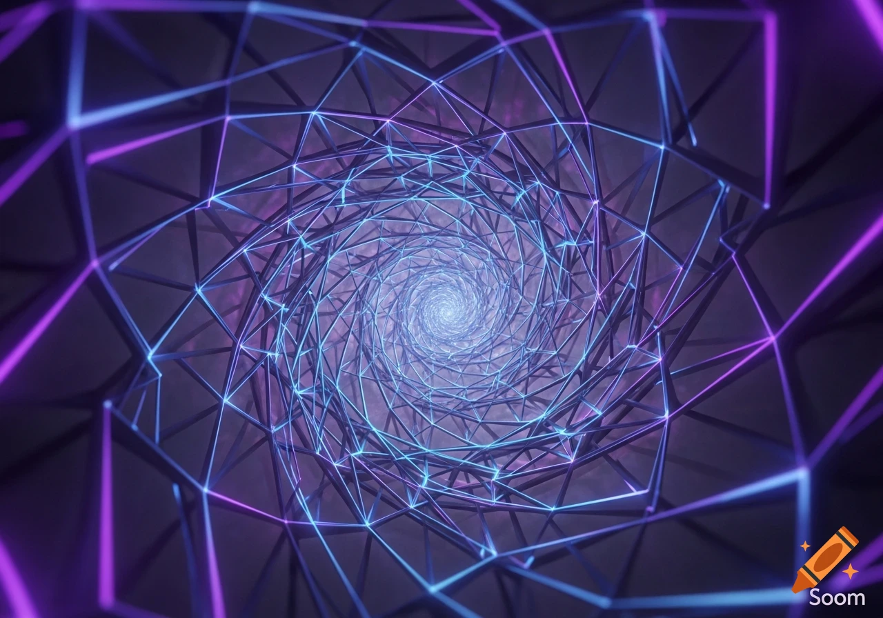 An abstract geometric tunnel or vortex with glowing blue and purple lines spiraling towards a bright center.