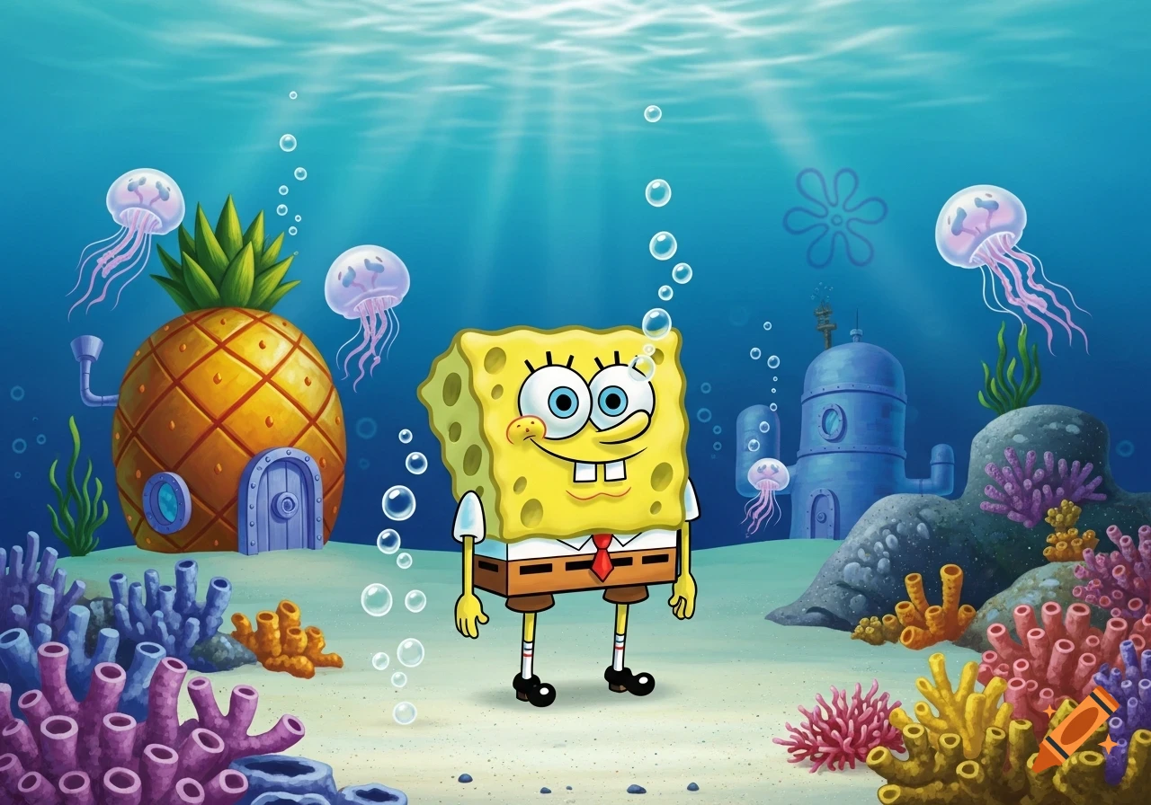 A vibrant cartoon depiction of SpongeBob SquarePants standing in the ocean floor with his pineapple house, Squidward's house, jellyfish, and coral.