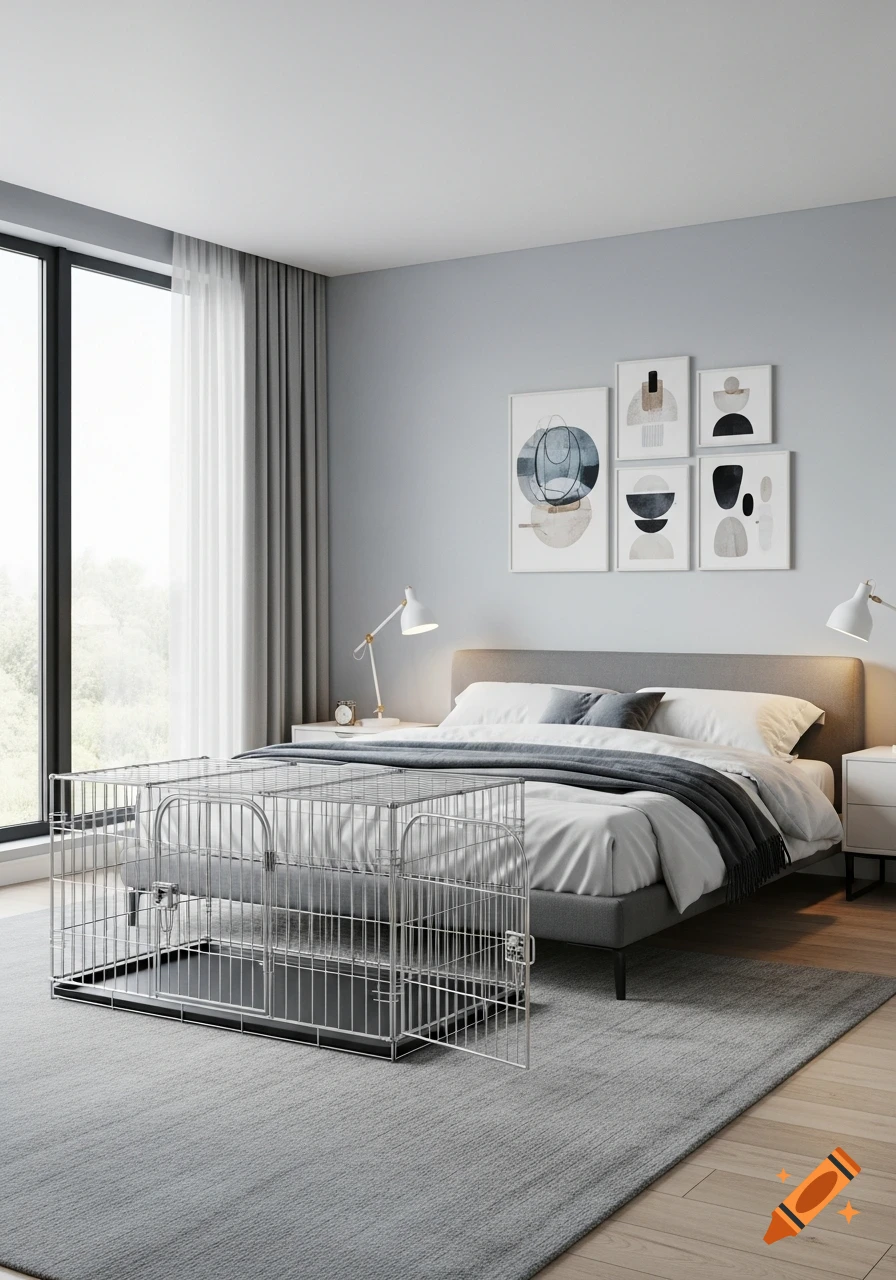 A contemporary bedroom with a large grey bed, abstract art, and a silver metal dog crate at the foot of the bed. Photorealistic style.