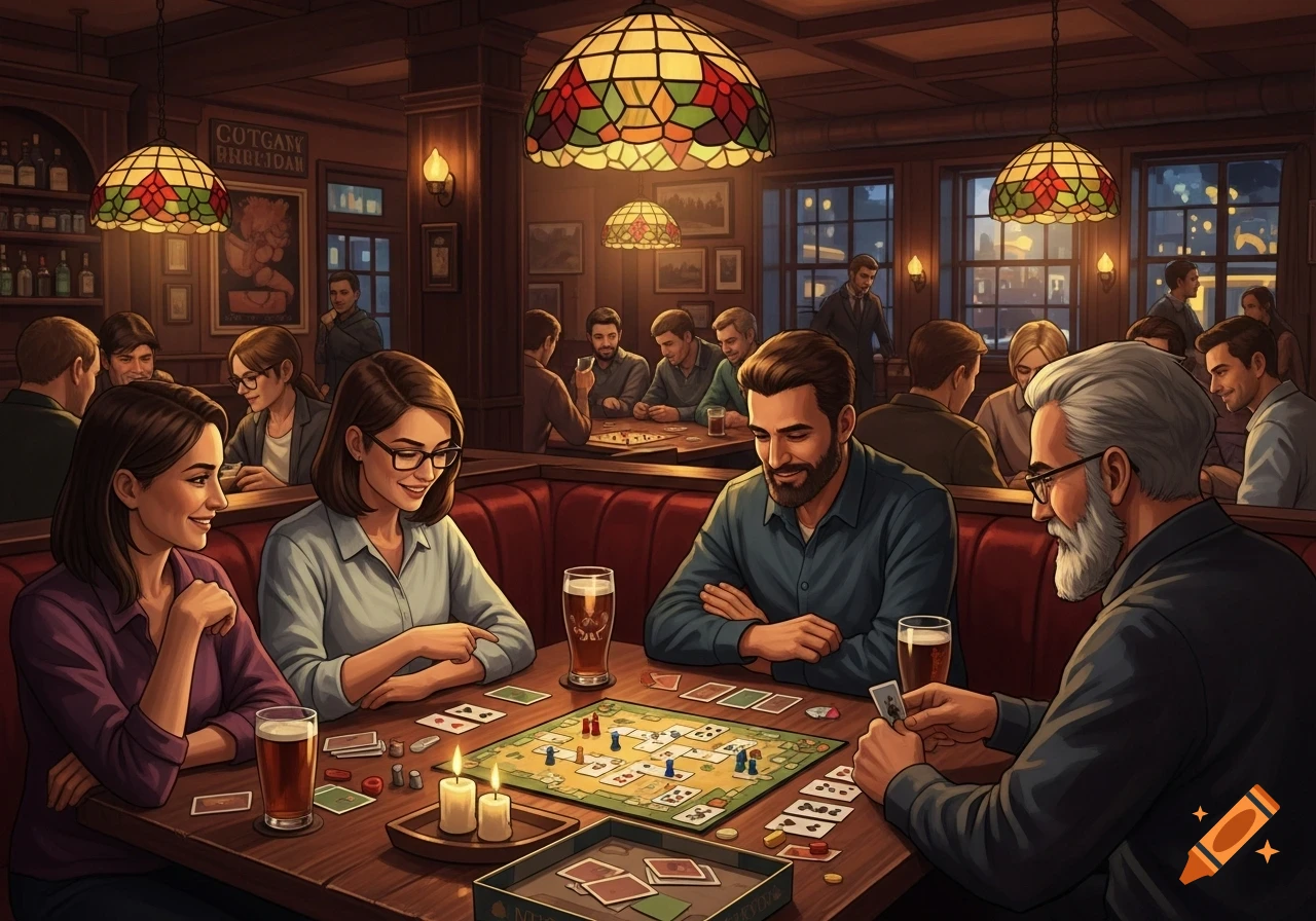 A diverse group of friends enjoying a board game and drinks at a cozy, dimly lit bar with stained glass lamps.