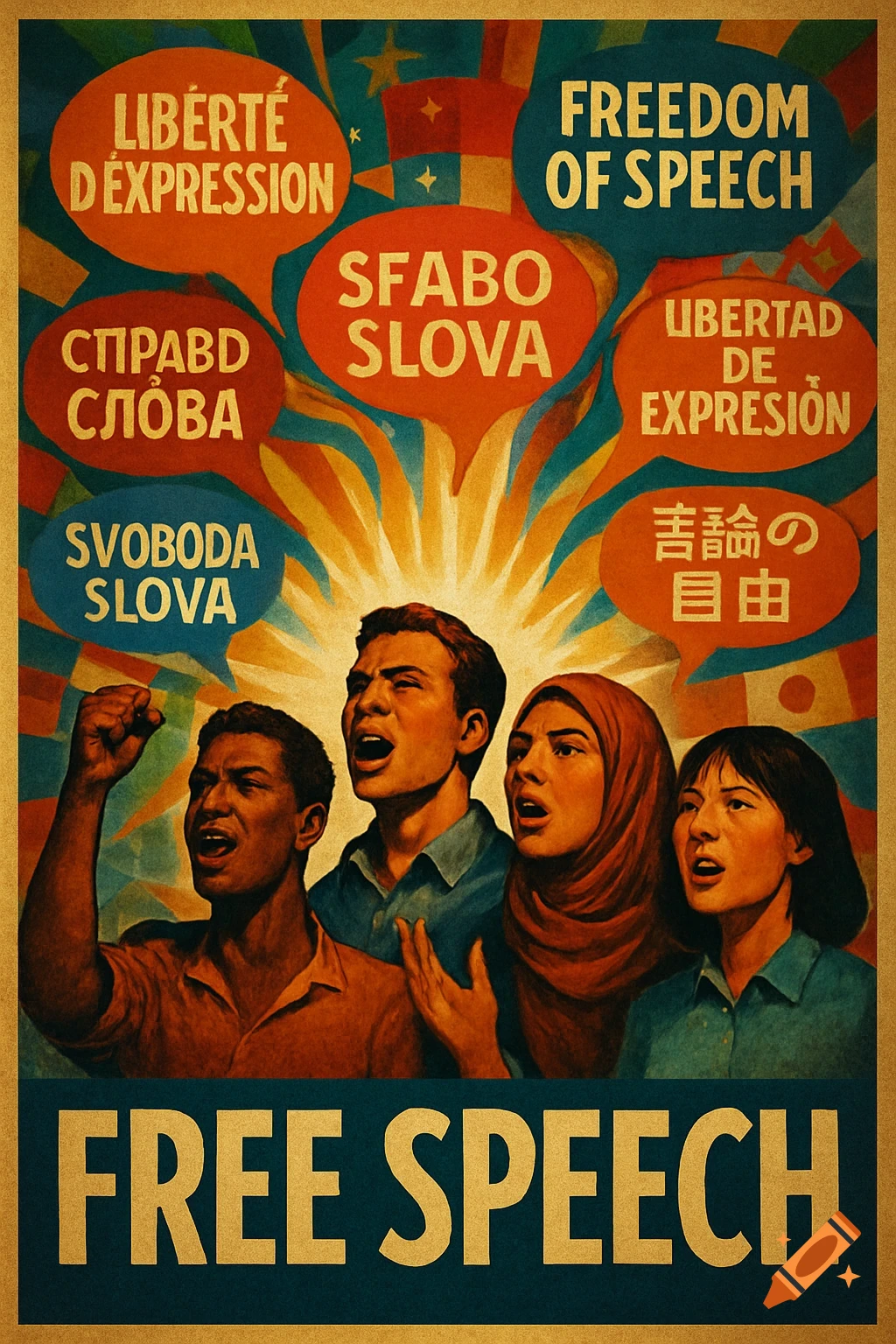 A vintage-style poster depicting diverse people shouting for freedom of speech, with multi-language speech bubbles above them.