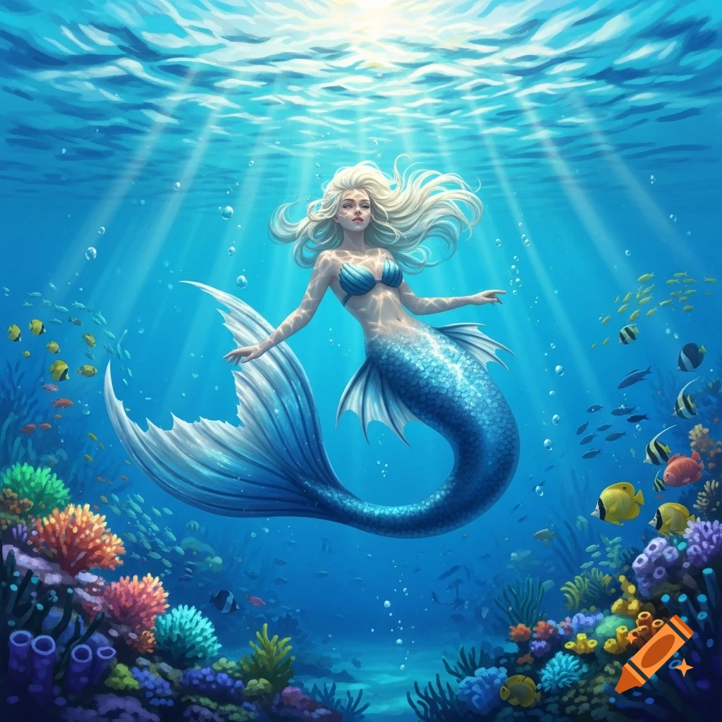 A platinum blonde mermaid with a blue tail swims in a sunlit underwater coral reef among tropical fish.