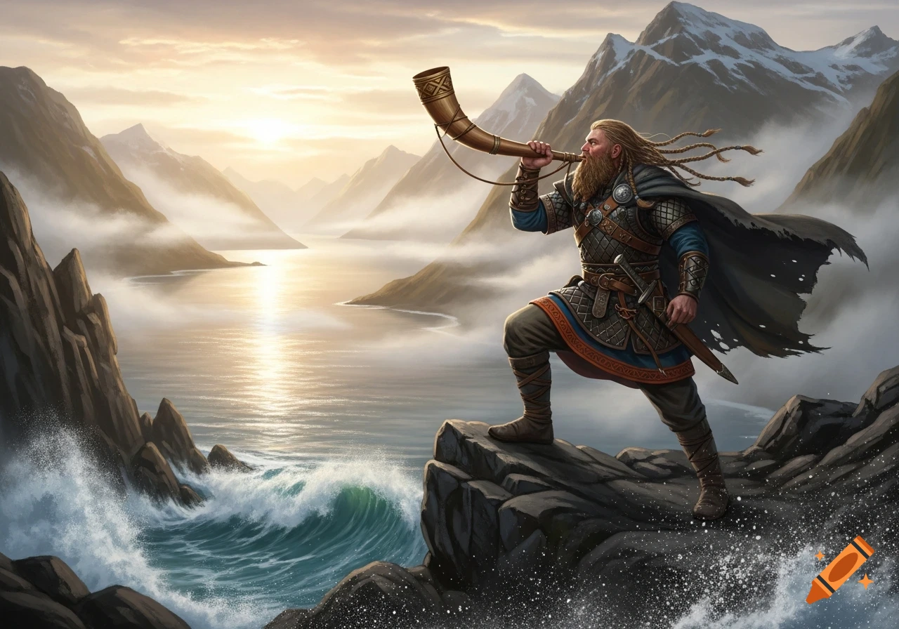 A bearded Viking man in armor blows a horn on a rocky cliff overlooking a misty fjord with mountains at sunset, detailed illustration.