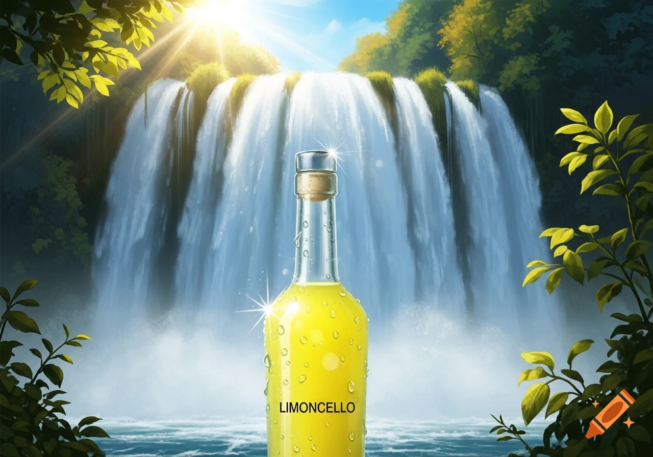 A bottle of Limoncello with water droplets stands before a majestic waterfall and sunny forest in an illustrative style.