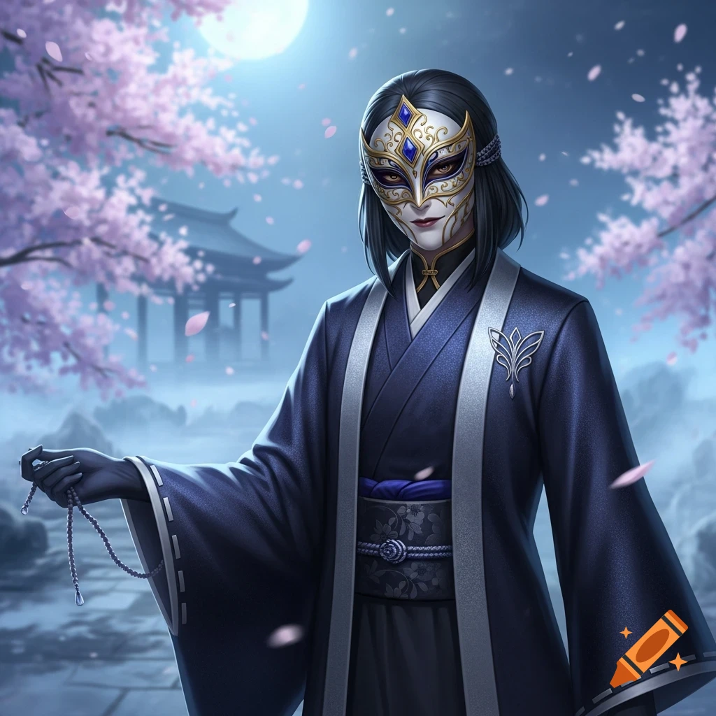 An anime character in a blue kimono and an ornate golden mask stands in a moonlit Japanese garden with pink cherry blossoms.