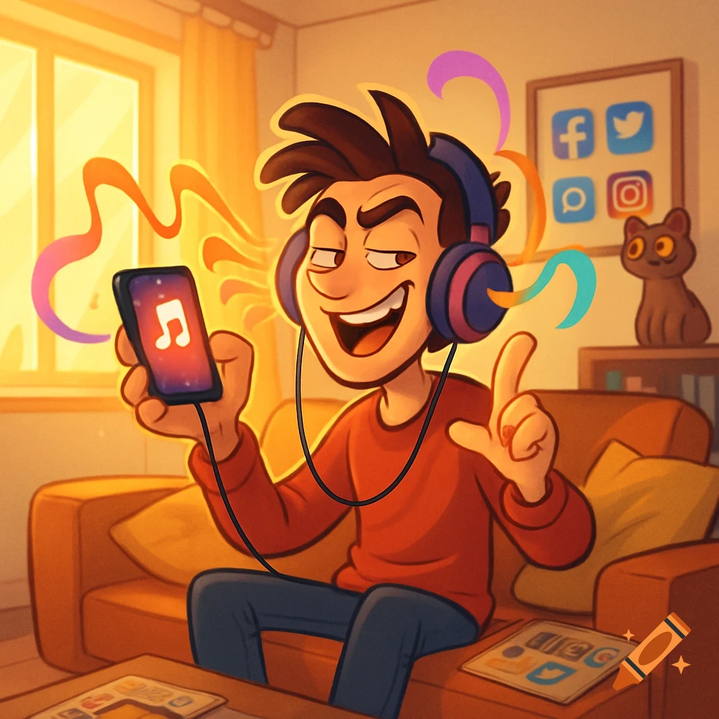 Cartoon-style young man happily listening to music on his phone with headphones in a bright living room, with social media logos on the wall.