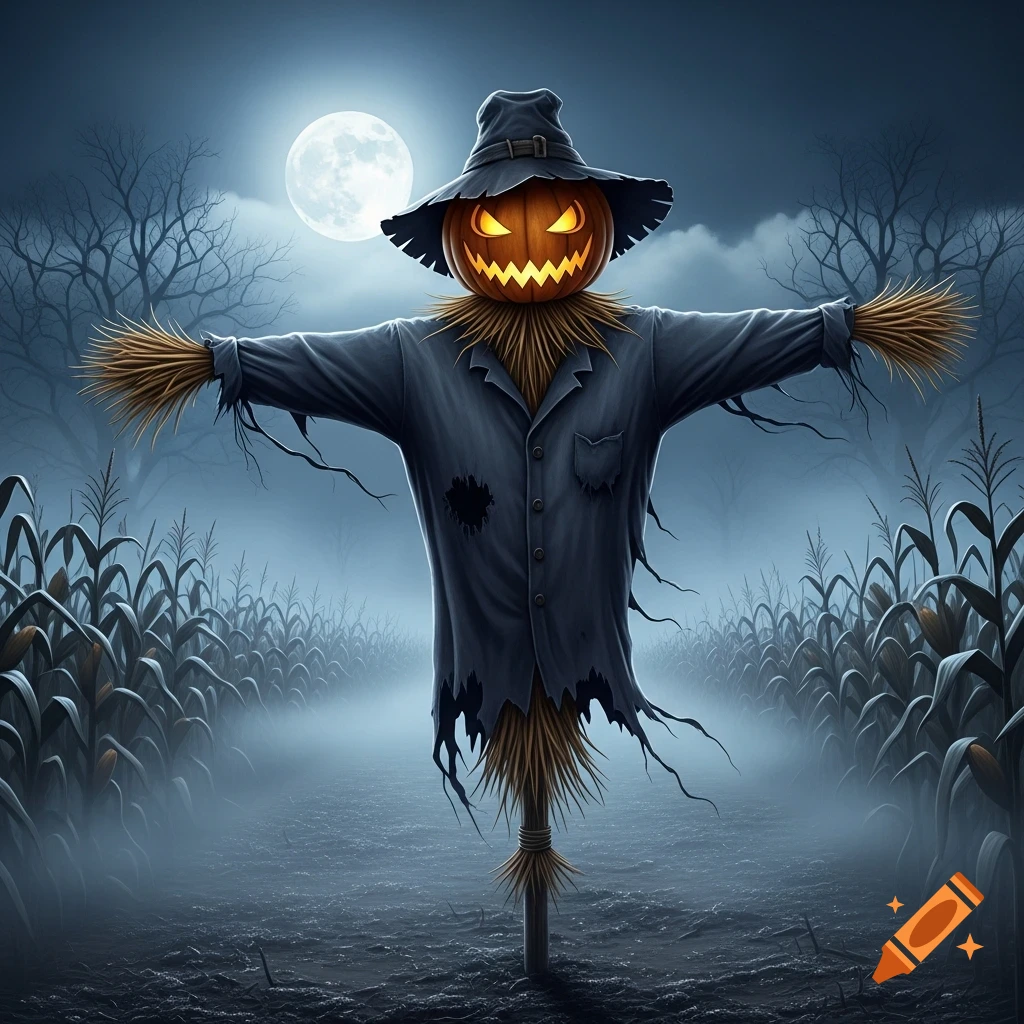 A spooky scarecrow with a glowing jack-o'-lantern head stands in a misty cornfield under a full moon at night.