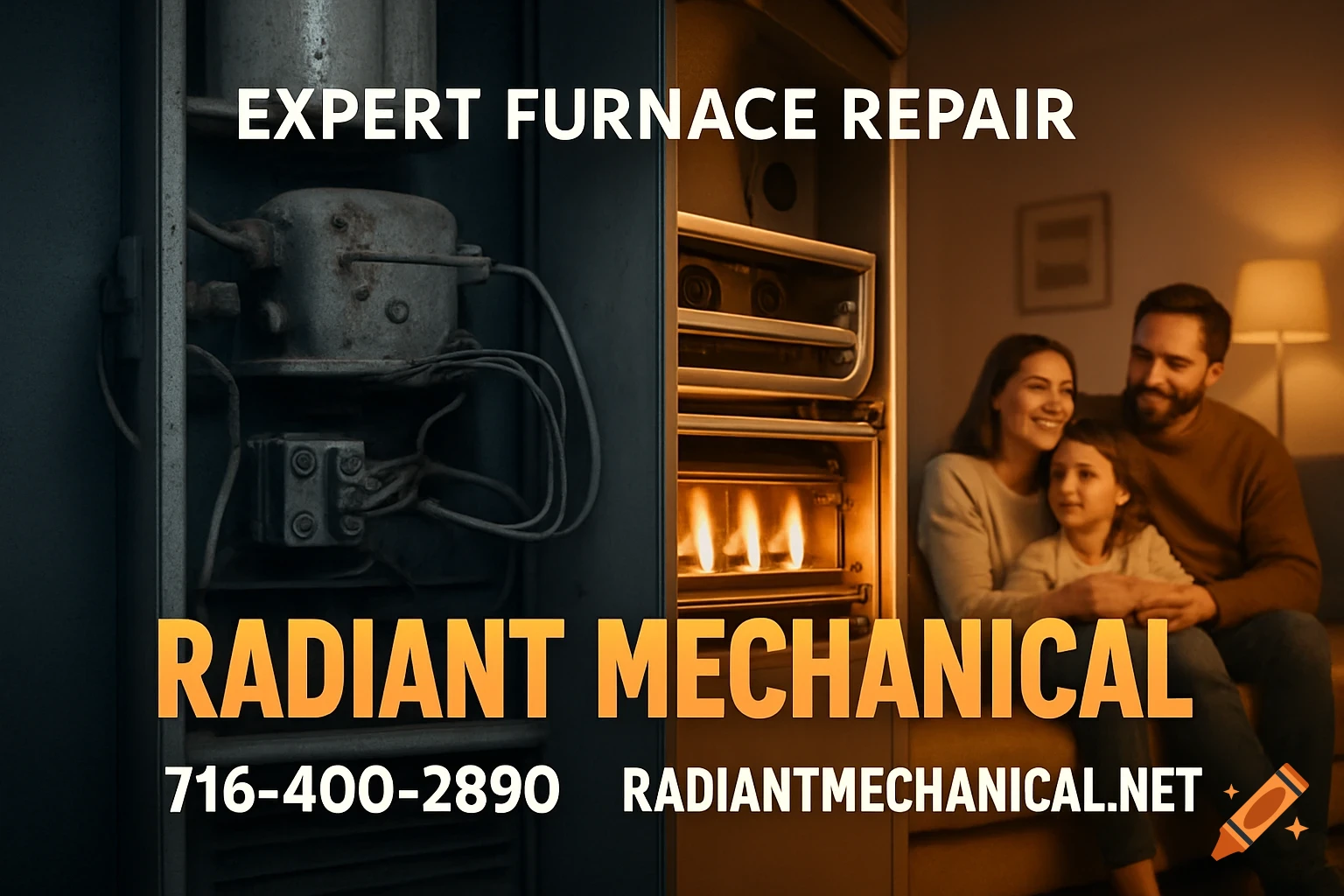 An ad for Radiant Mechanical furnace repair showing an old furnace on the left and a happy family next to a glowing new furnace on the right.