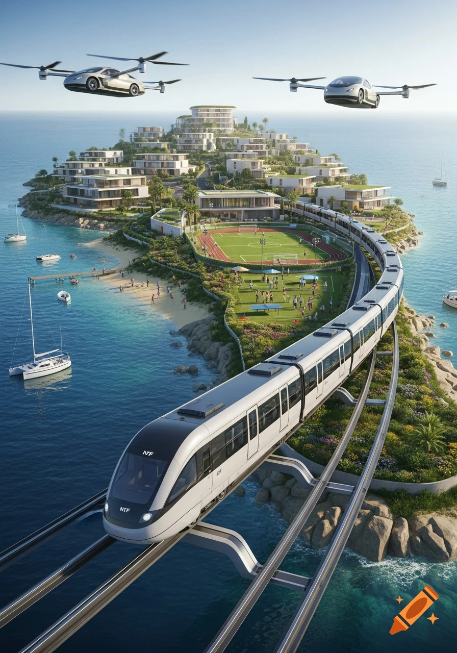 A futuristic island resort with modern white buildings, a winding elevated train, flying cars, beaches, and sports fields in a vibrant blue ocean.