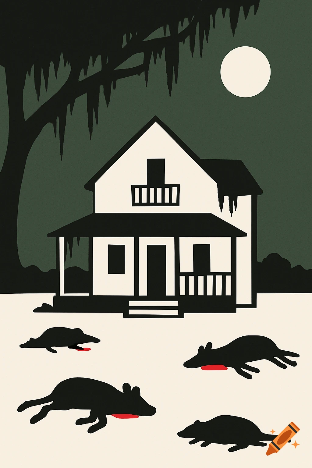 A graphic illustration of a white farmhouse at night with a large tree and moon, surrounded by stylized dead animal silhouettes with faint red marks.