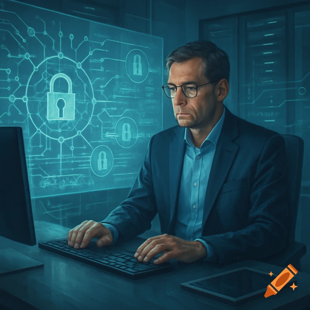 A man in a suit and glasses works at a computer, with glowing digital lock and circuit graphics behind him, representing cybersecurity.