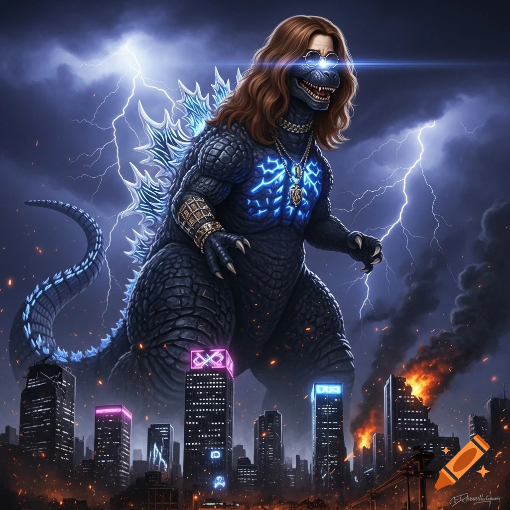 Godzilla with long brown hair, round glasses, and chains, glowing blue, stands over a burning city during a lightning storm.