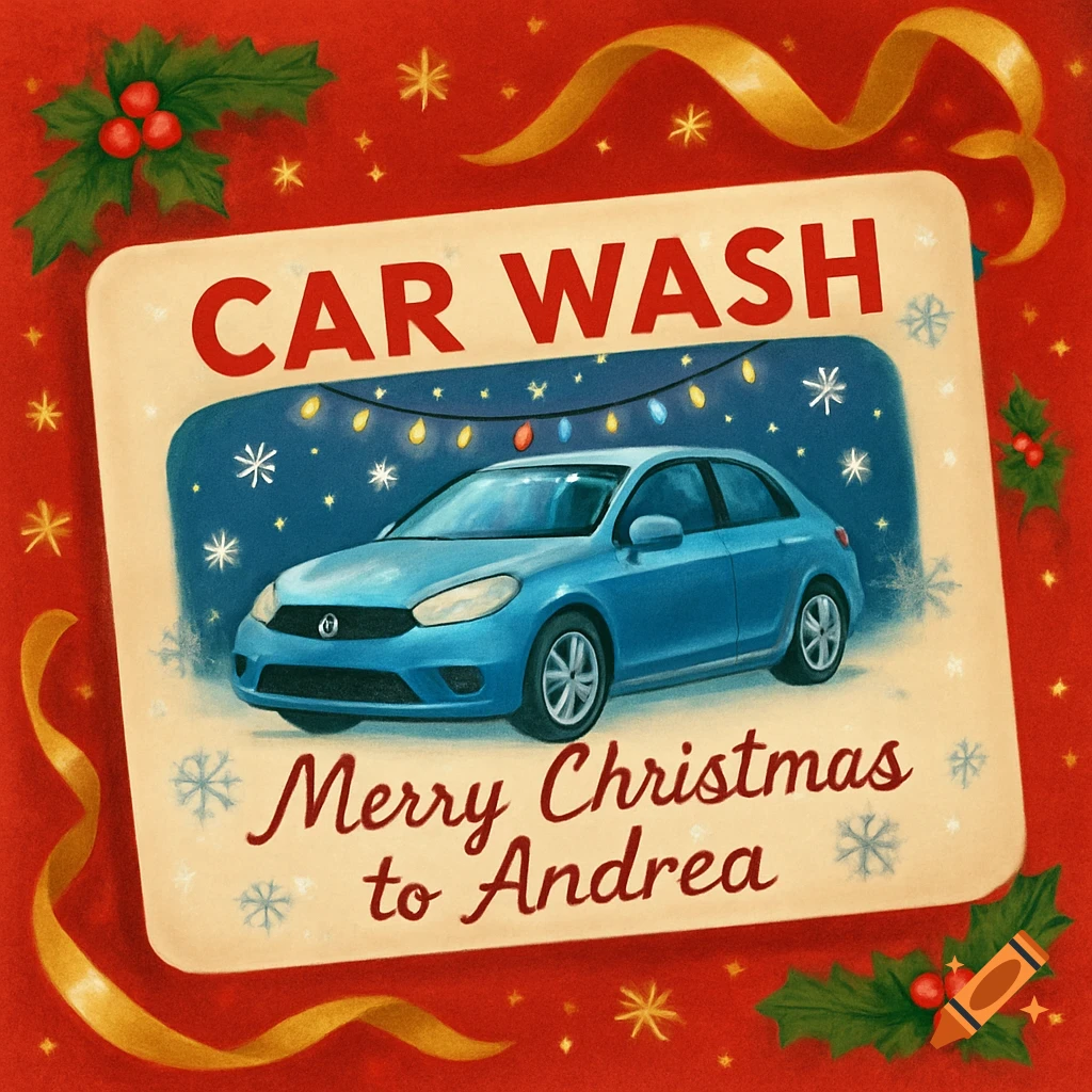 A Christmas gift card for a car wash, featuring a blue car with string lights, snowflakes, holly, and text that reads "CAR WASH" and "Merry Christmas to Andrea".