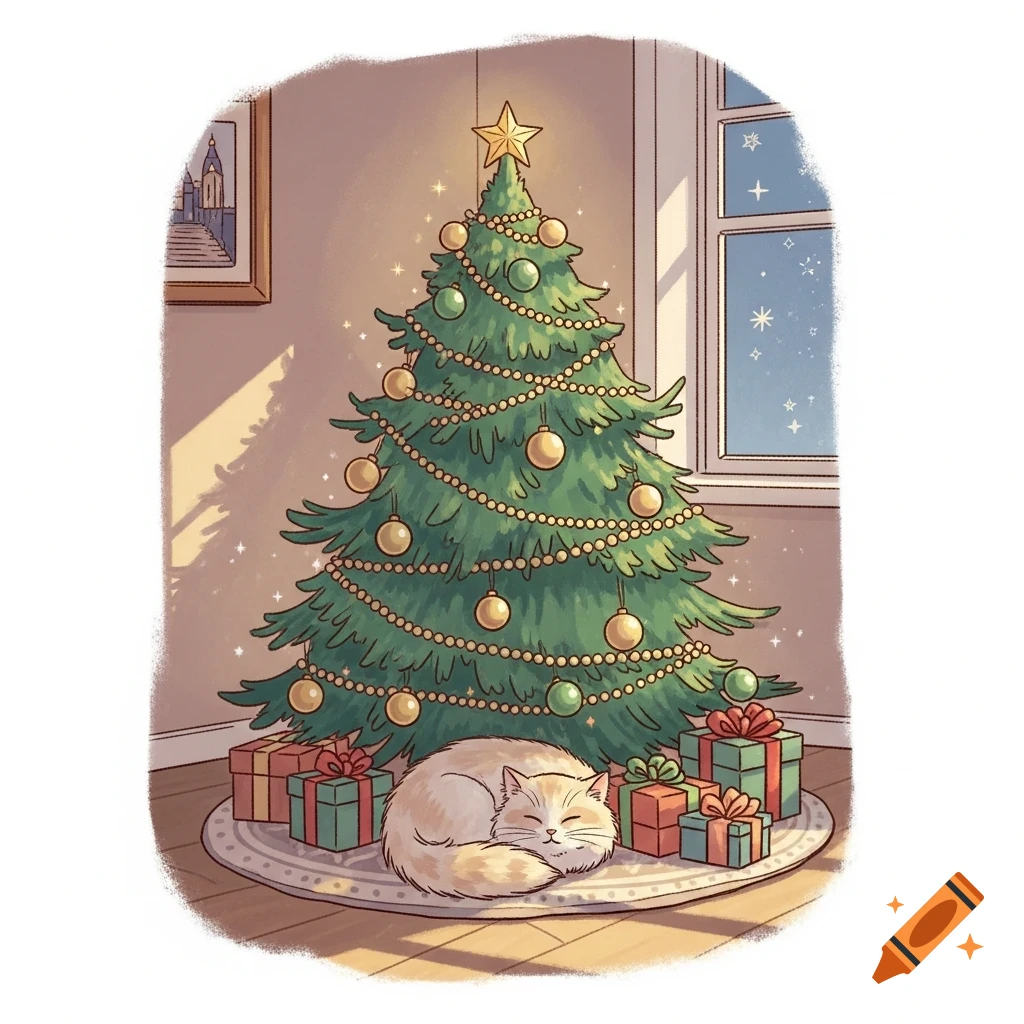 An illustration of a light orange cat sleeping under a decorated Christmas tree with presents, next to a window.