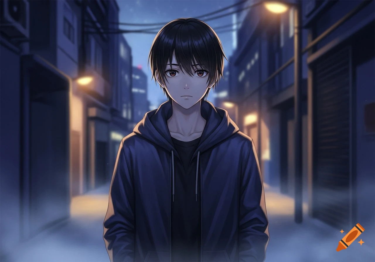 Anime young man with black hair and dark eyes in a dark blue hoodie standing on a dimly lit city street at night.
