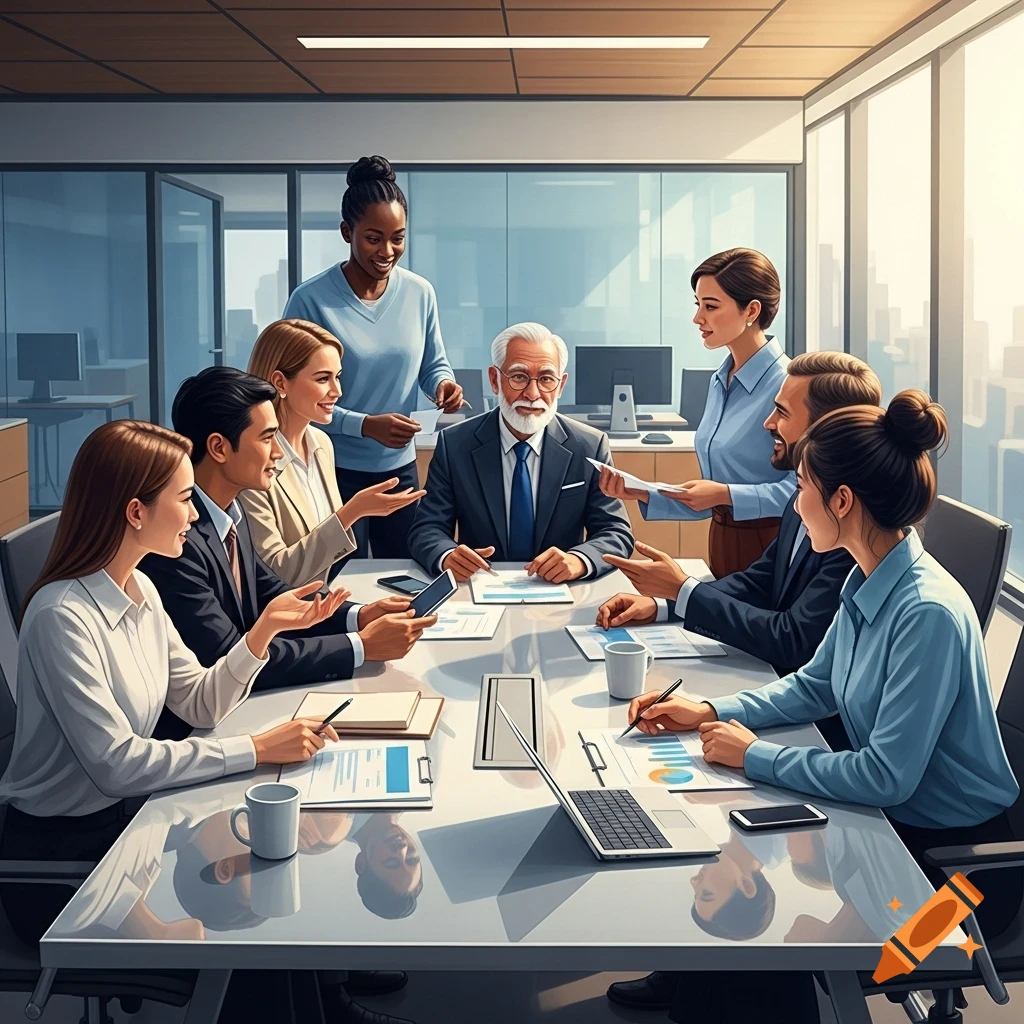 Diverse group of professionals in business casual attire collaborating around a conference table in a modern office, photorealistic style.