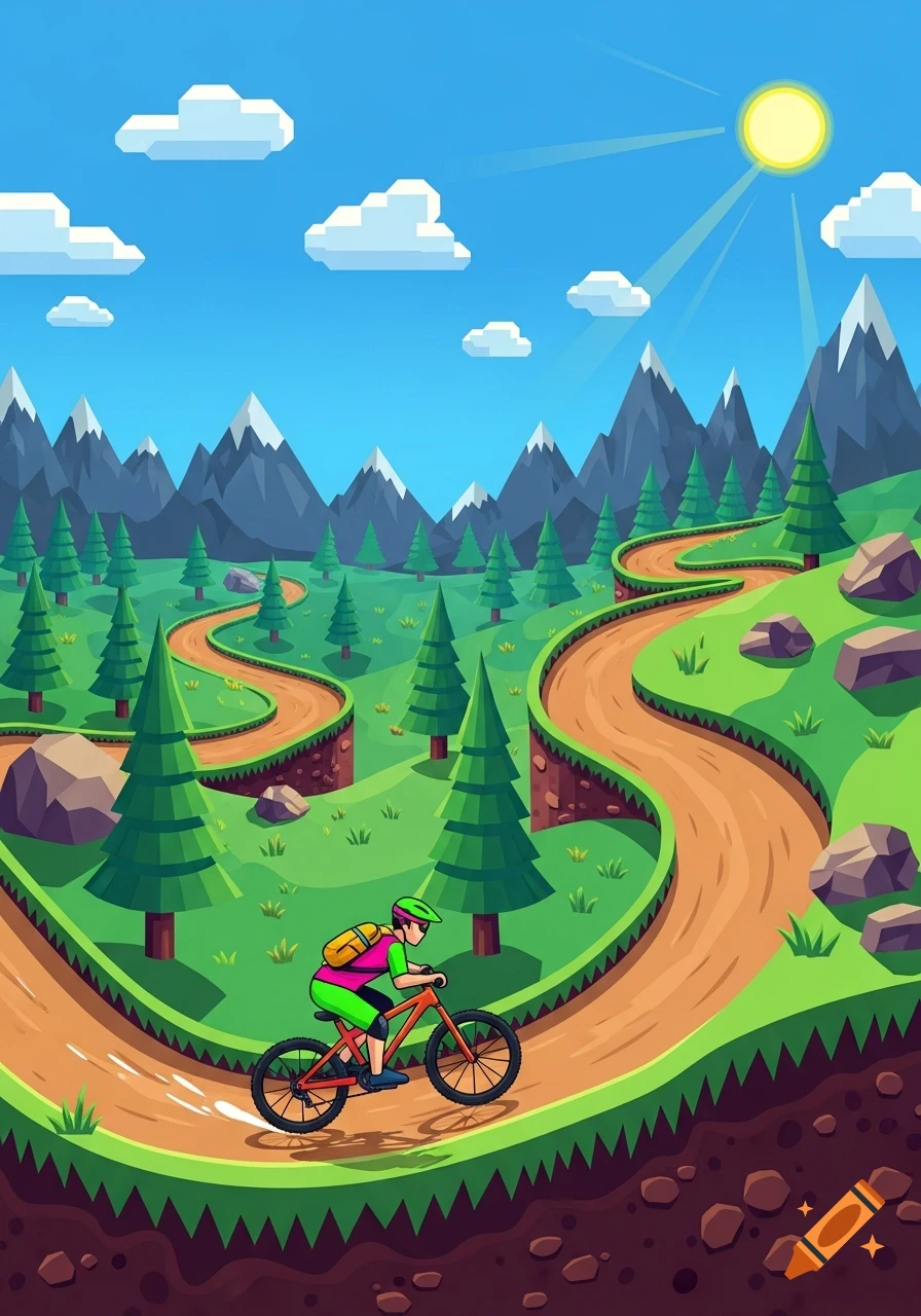 A retro 2D video game art style image of a mountain biker on a winding dirt path through green hills with pine trees and mountains under a sunny sky.
