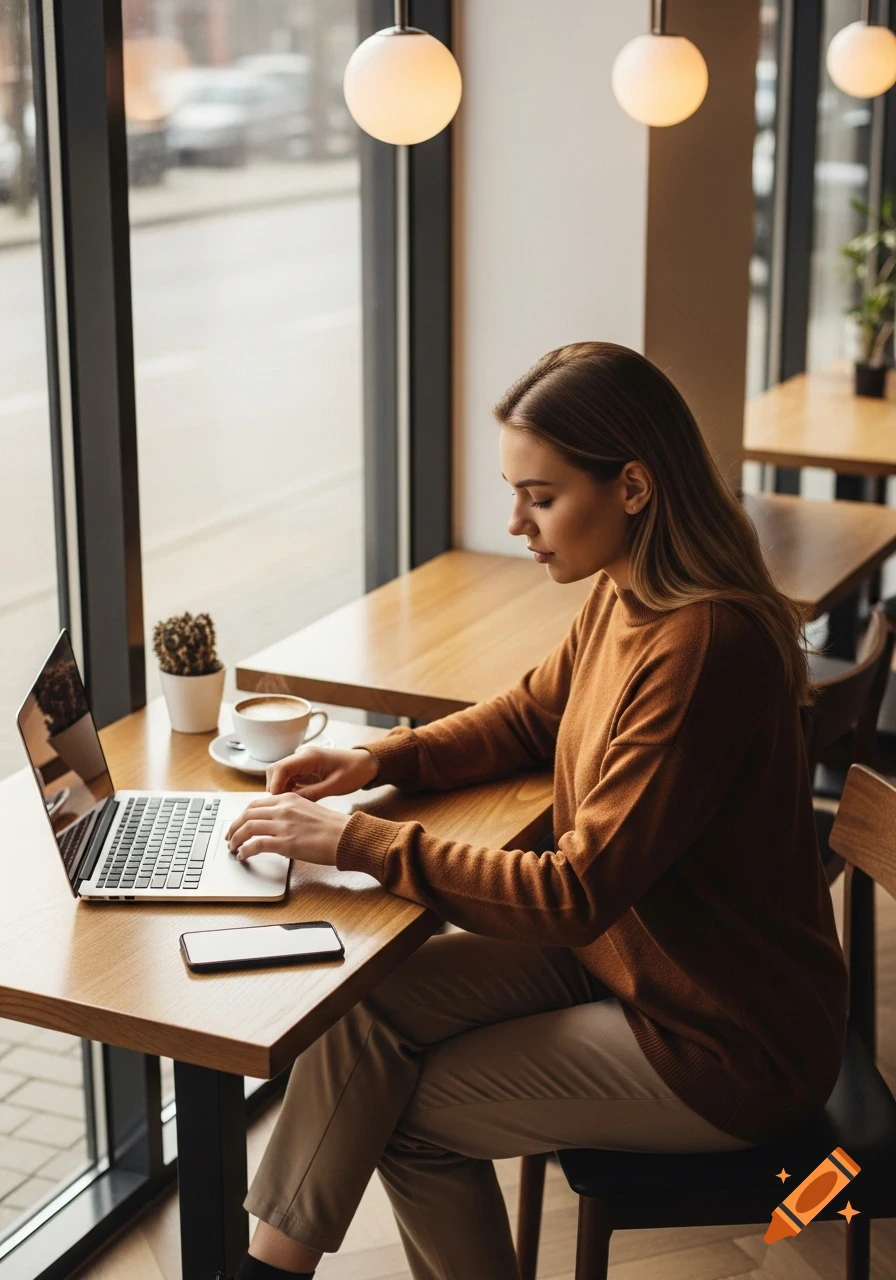 Young woman working on a laptop at a wooden table in a modern cafe with natural light, a coffee cup and phone next to her.