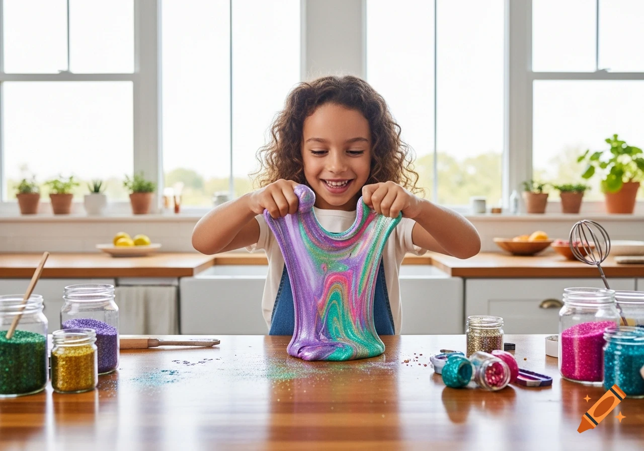 A smiling young girl with curly hair stretches colorful glitter slime in a bright kitchen.