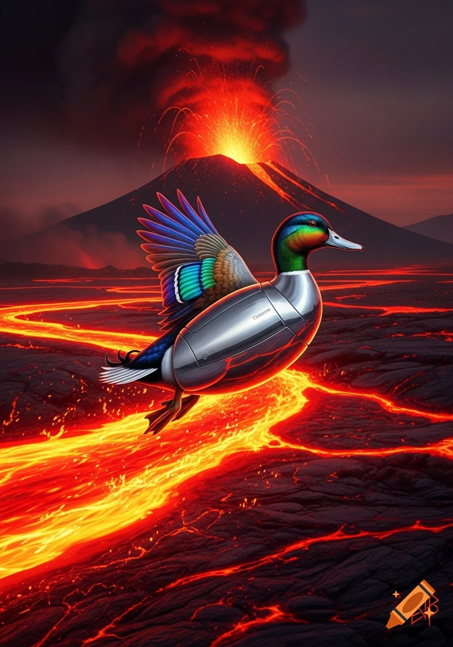 A colorful duck with a metallic body and wings flies above rivers of glowing lava as a volcano erupts in the background under a dark sky, detailed illustration.