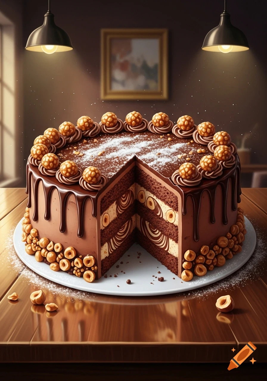A photorealistic chocolate hazelnut cake with a slice removed, showing layers, on a wooden table.