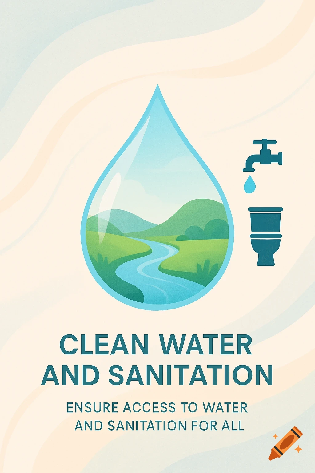 Stylized poster illustrating clean water and sanitation with a large water droplet containing a river landscape, a faucet, and a toilet icon.
