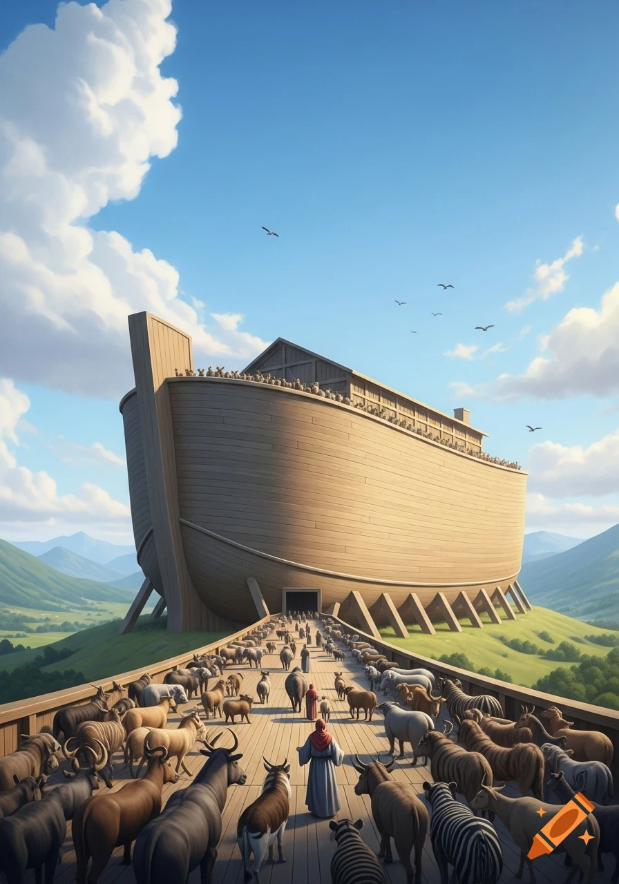 Noah's Ark, a large wooden boat, sits on a green hill as a diverse array of animals and people walk up a long ramp towards its entrance under a blue sky.