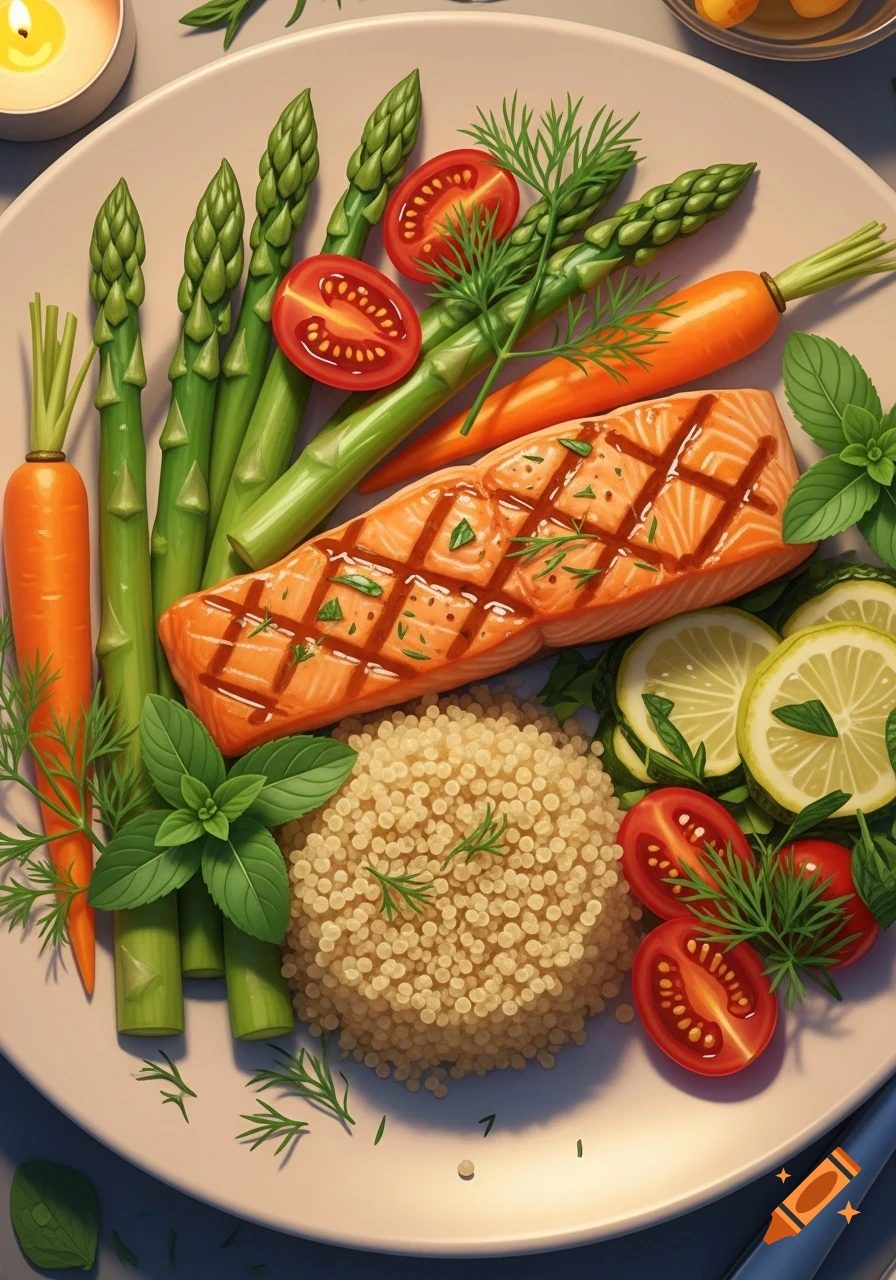 A white plate holds a healthy meal with grilled salmon, quinoa, asparagus, carrots, sliced tomatoes, lemons, and fresh herbs.