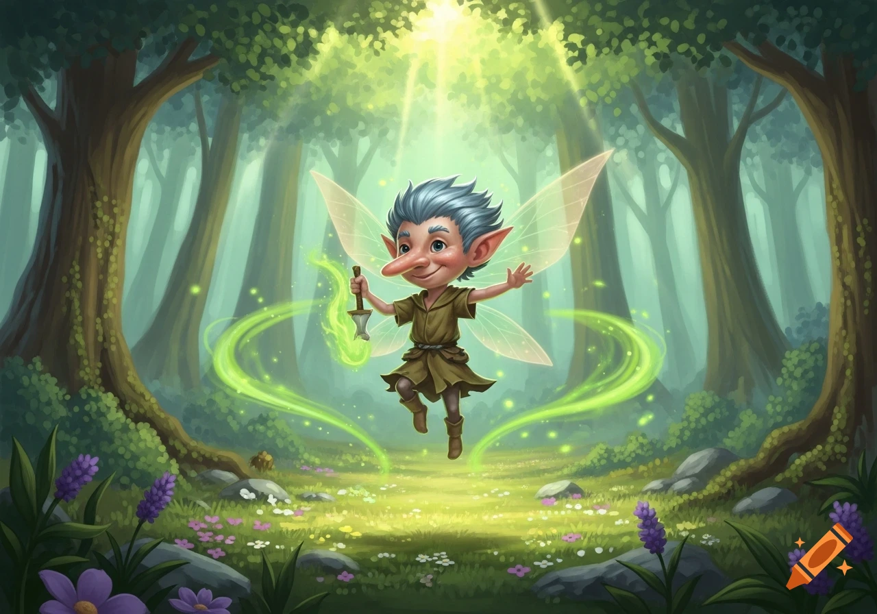 A cartoon Killmoulis fairy floats in a sunny forest clearing, holding a glowing dagger with green magic swirling around it.