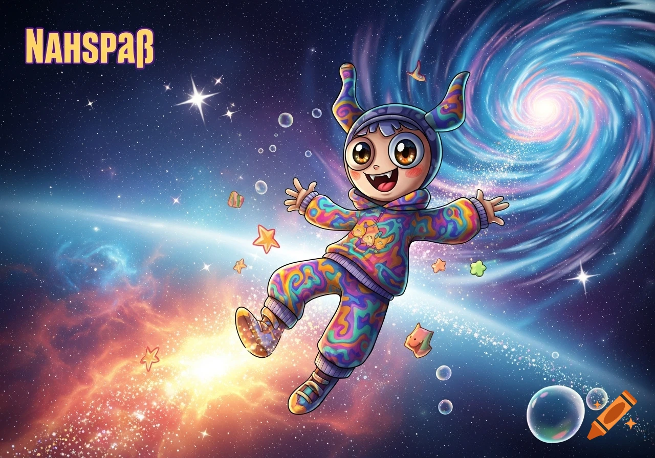 A cute, horned cartoon character in a vibrant psychedelic outfit floats joyfully in a starry space with a swirling galaxy.