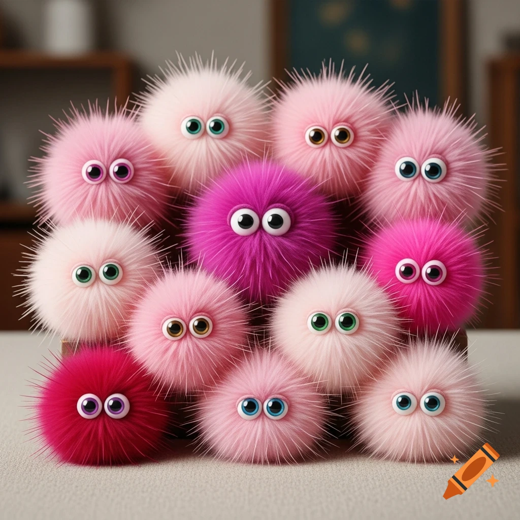 A close-up of a group of fluffy pink and magenta pompoms with large googly eyes, some light pink, some vibrant pink.