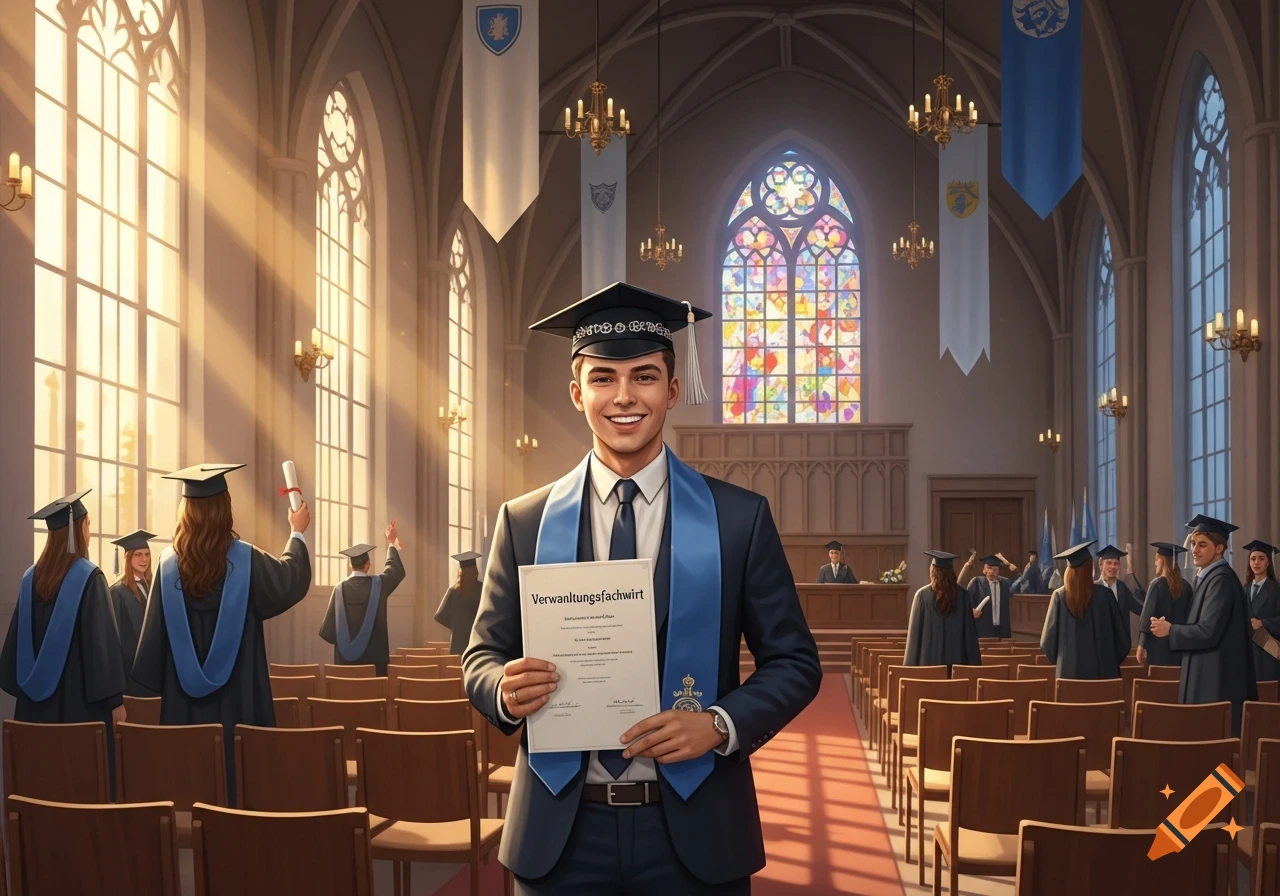 A smiling male graduate in a cap and gown holds up a diploma in a grand hall, surrounded by other graduates during a ceremony.
