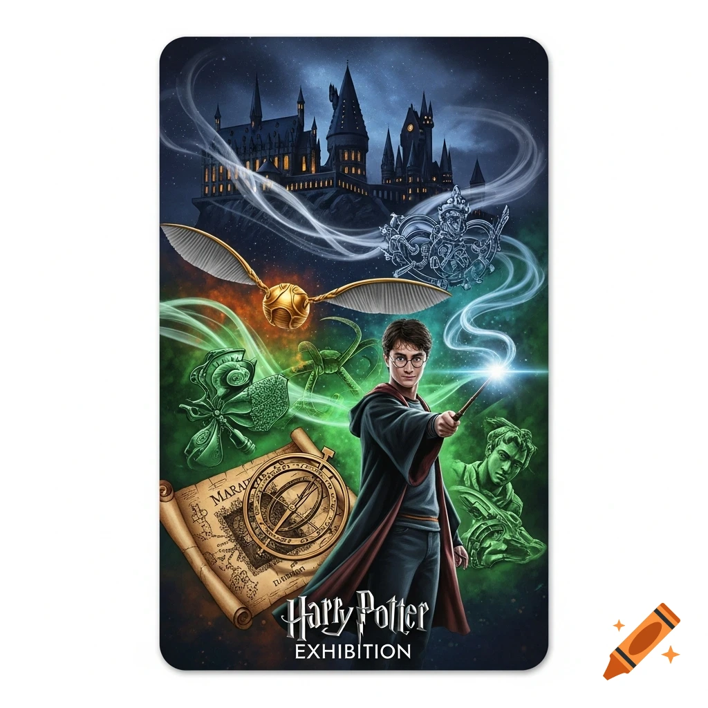 Stylized illustration of Harry Potter casting a spell, Hogwarts castle above, surrounded by a Golden Snitch, Marauder's Map, and other magical objects, with 'Harry Potter EXHIBITION' text.