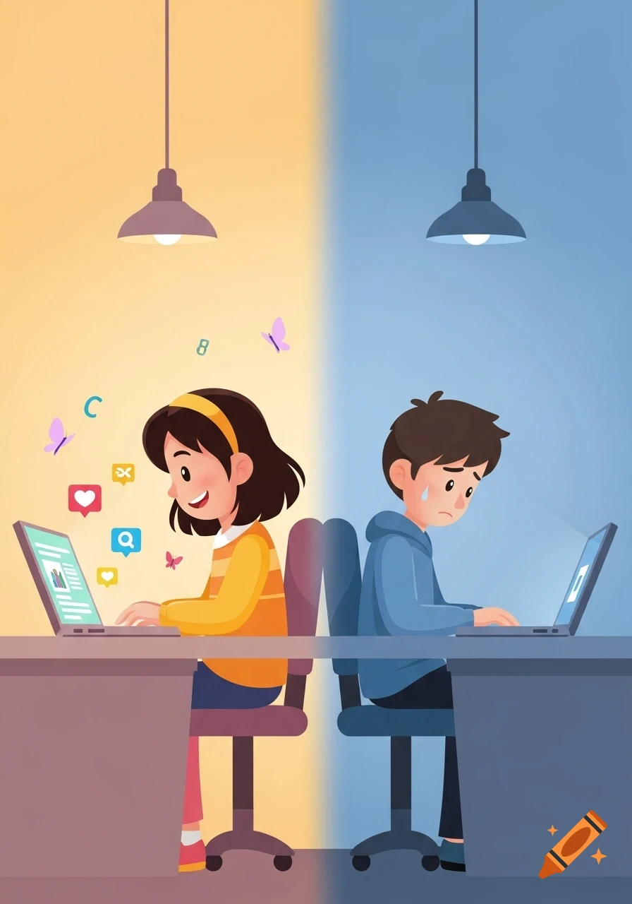 A cartoon illustration of a happy girl and a sad boy, each working on a laptop, divided by a yellow and blue background.