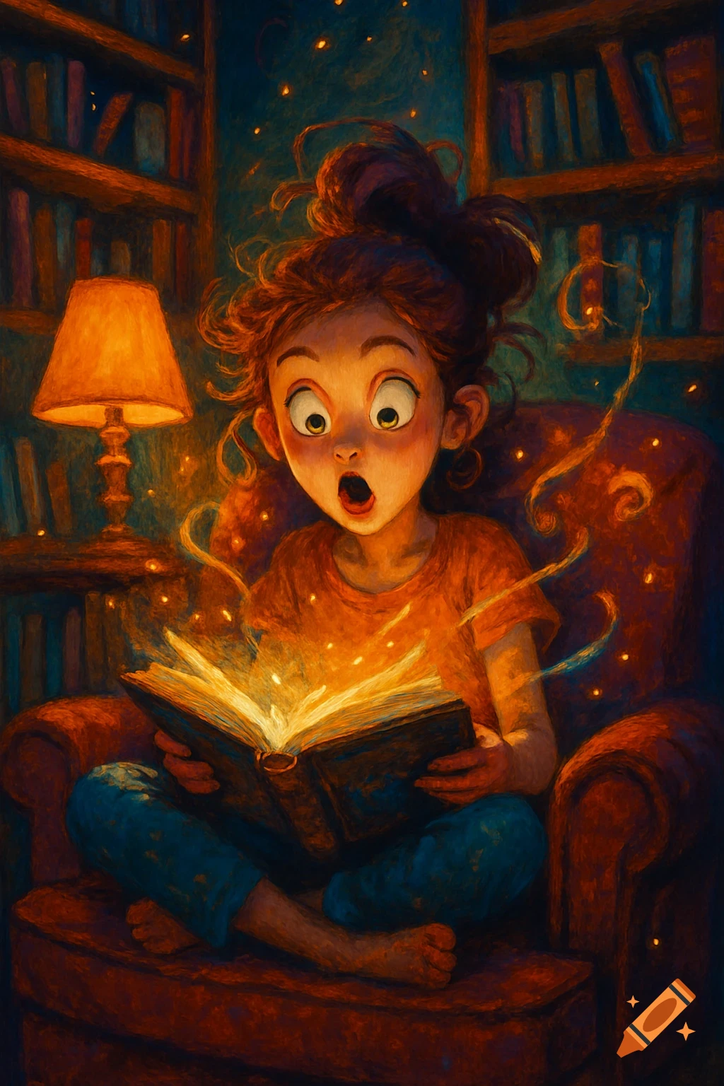 A surprised girl with big eyes sits in an armchair, reading a glowing, magical book in a dimly lit library. Painterly style.
