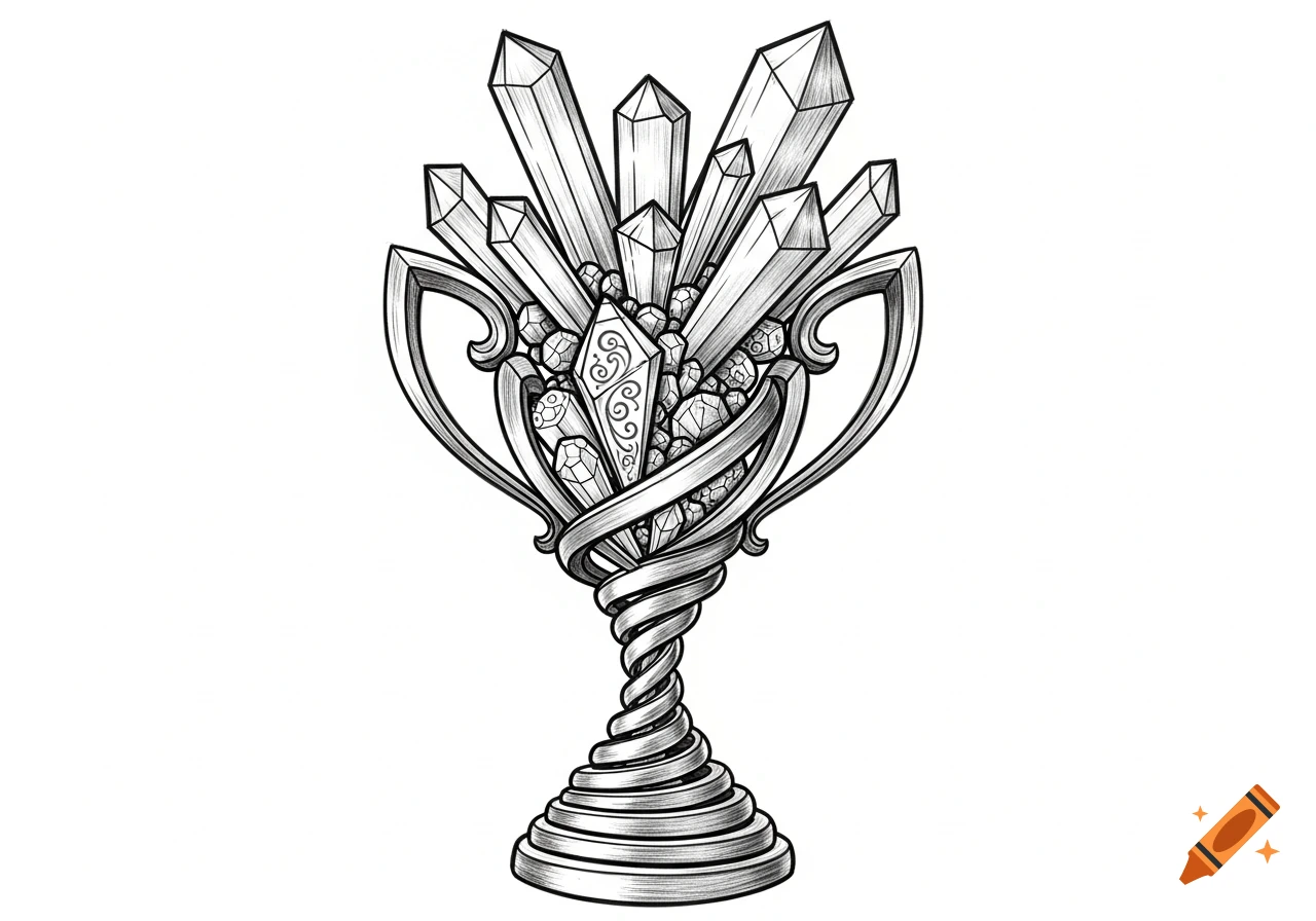 Detailed black and white sketch of an ornate trophy filled with multiple crystals, featuring a twisted base.