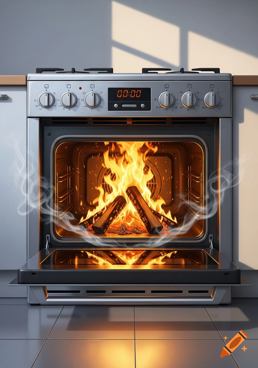 A photorealistic image of a kitchen oven with its door open, revealing a roaring campfire with logs burning brightly inside, emitting smoke.
