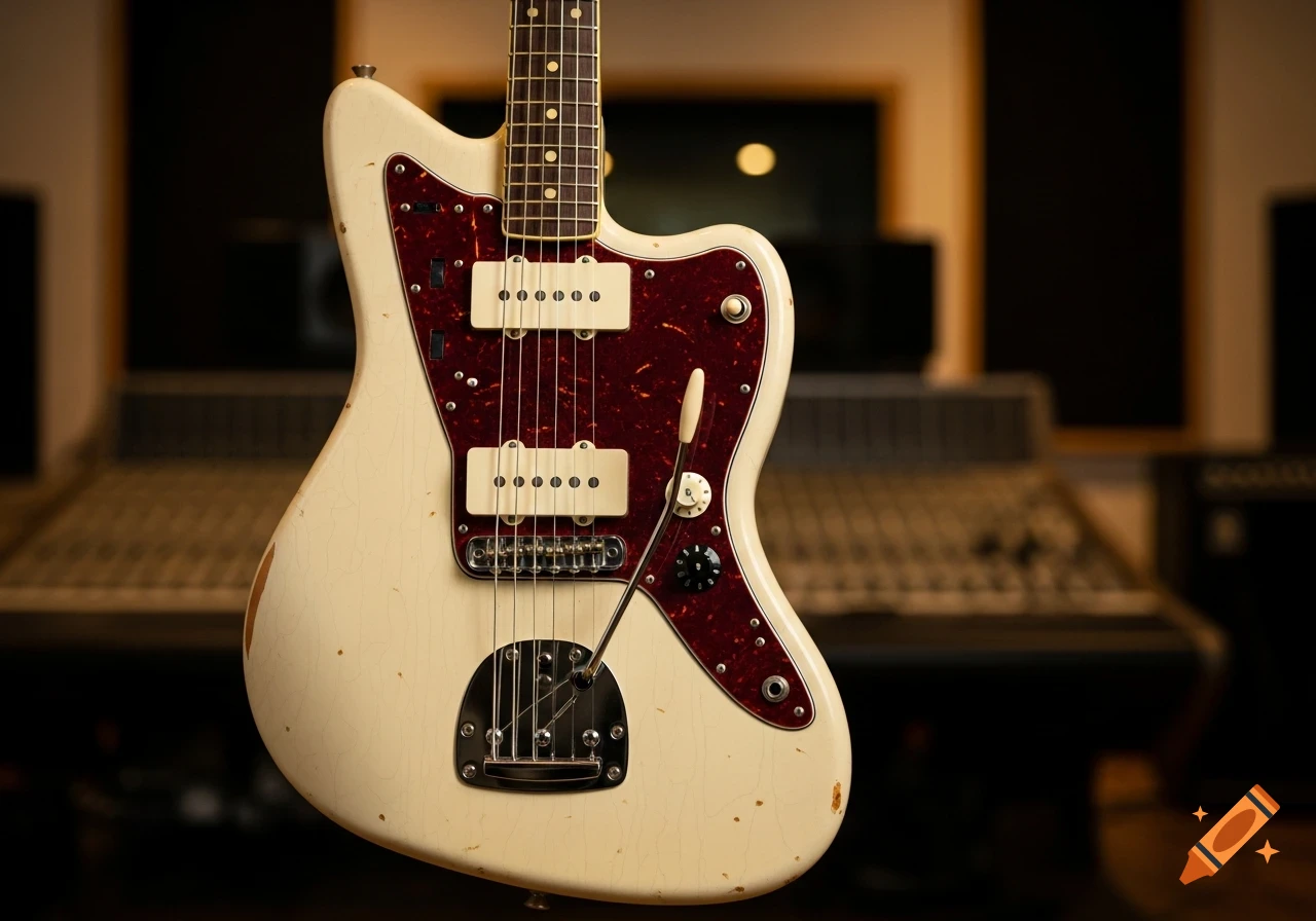 A close-up, photorealistic shot of an aged Olympic White Fender Jazzmaster guitar with a red tortoise pickguard in a music studio.