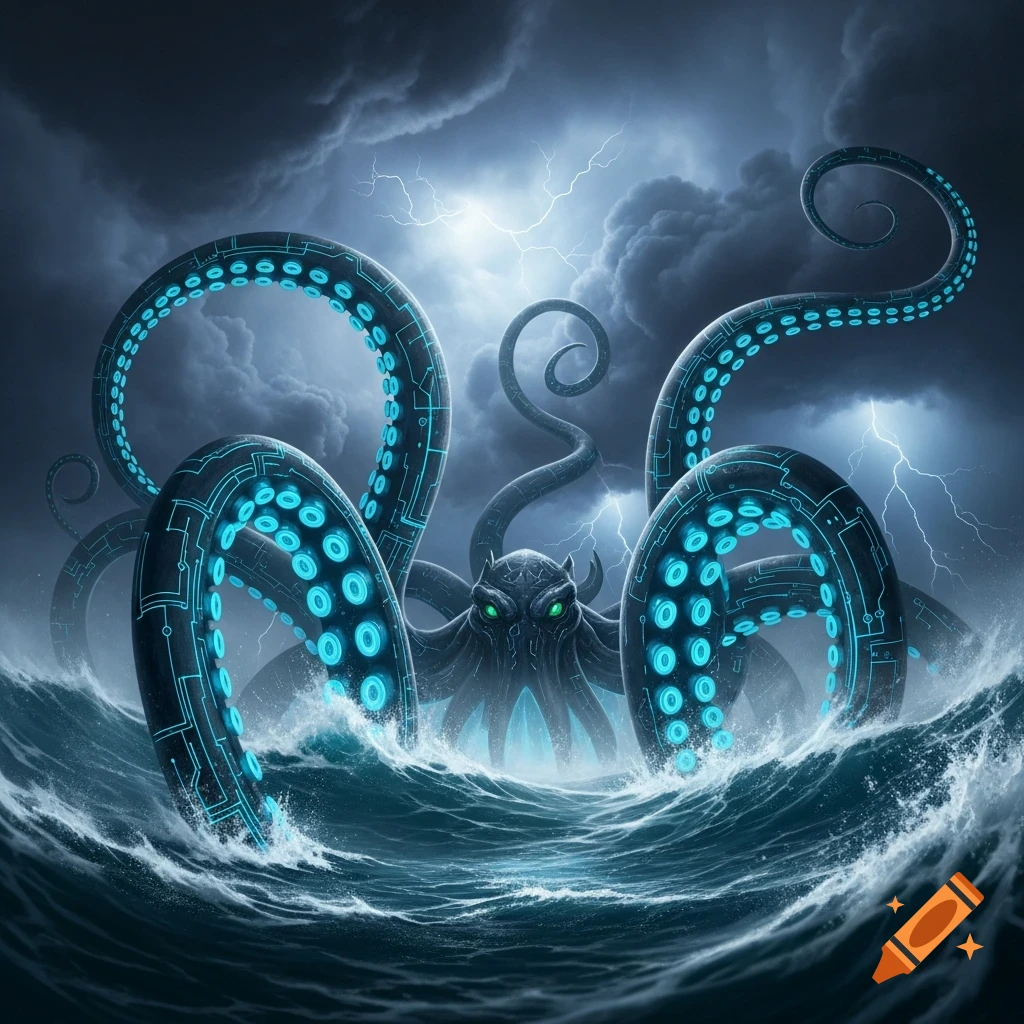 A massive, cybernetic kraken with glowing green eyes emerges from stormy dark waters, its tentacles adorned with blue circuitry patterns.