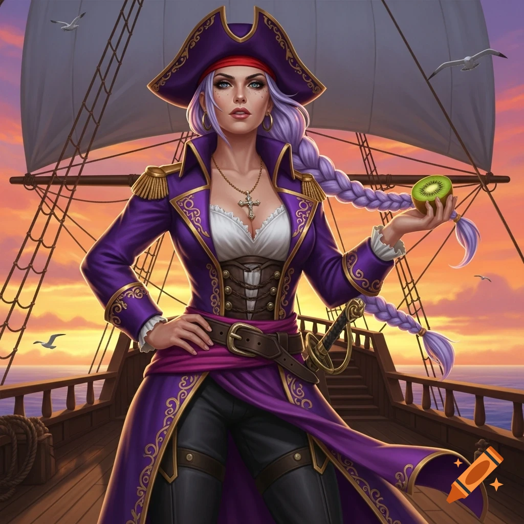 A female pirate with long braided purple hair in a purple uniform and cross necklace holds a kiwi fruit, standing on a ship deck at sunset, digital art style.