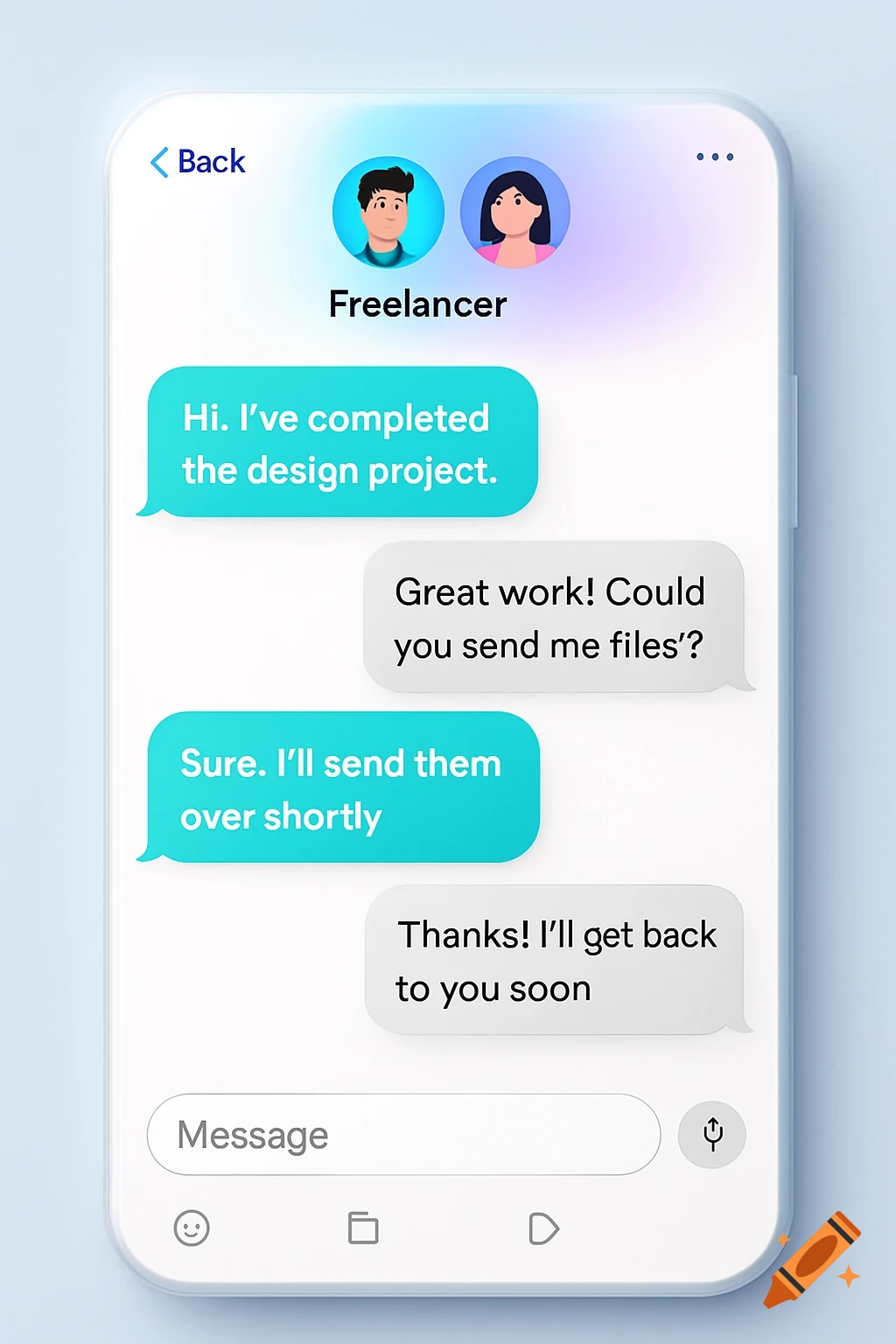 An illustration of a mobile chat screen showing a conversation between a freelancer and a client, with cartoon profile pictures and text messages about a completed design project in a modern app style.
