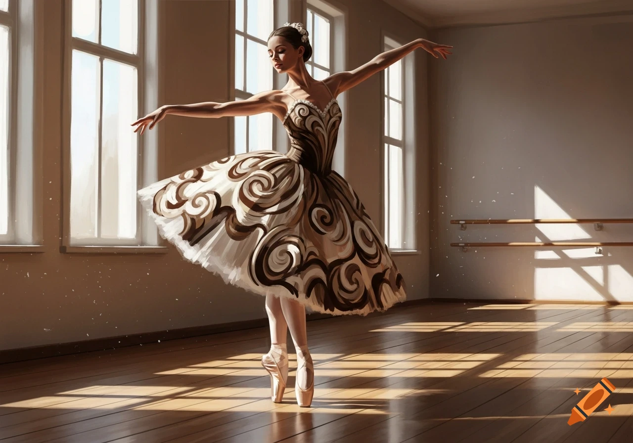 A ballerina in a brown and white swirled tutu dances on pointe in a sunlit ballet studio, rendered in an oil painting style.
