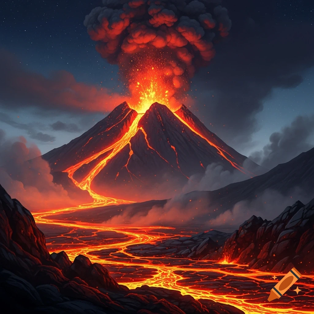 A majestic volcano erupts at night, spewing fiery lava and a massive plume of red and grey smoke against a starry sky. Bright orange lava rivers flow across the dark landscape.