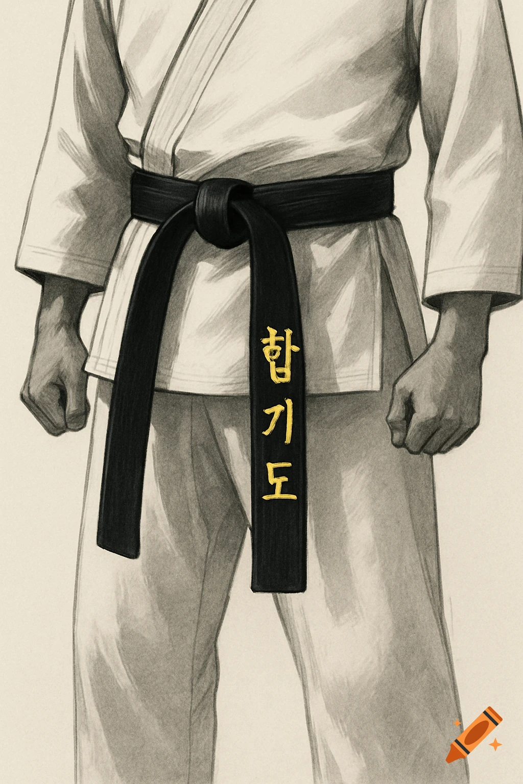 A grayscale sketch of a person wearing a white Hapkido gi and black belt with golden Korean text.