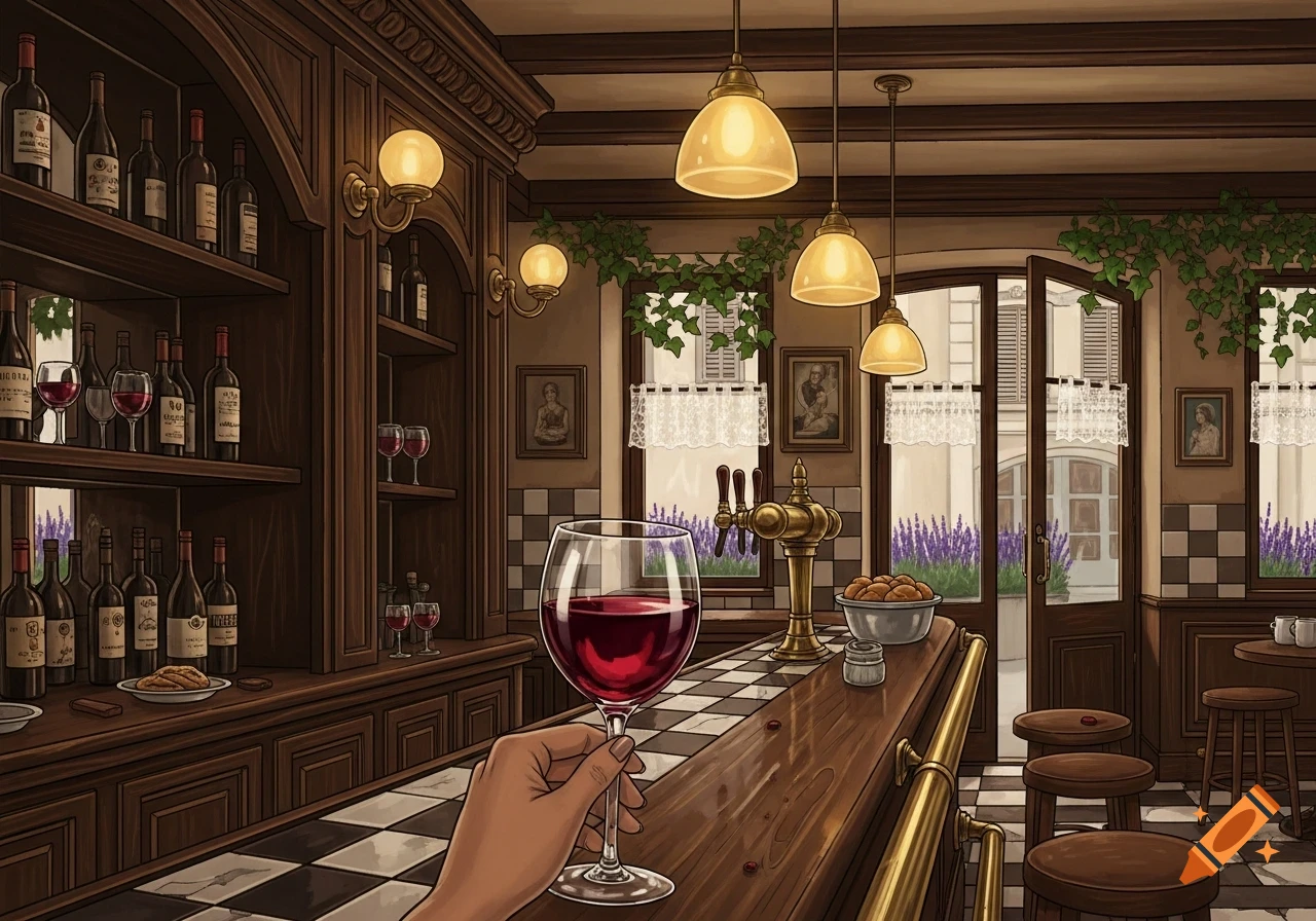 Illustrated view of a hand holding a glass of red wine at a cozy Parisian bar with a wooden counter and wine shelves.