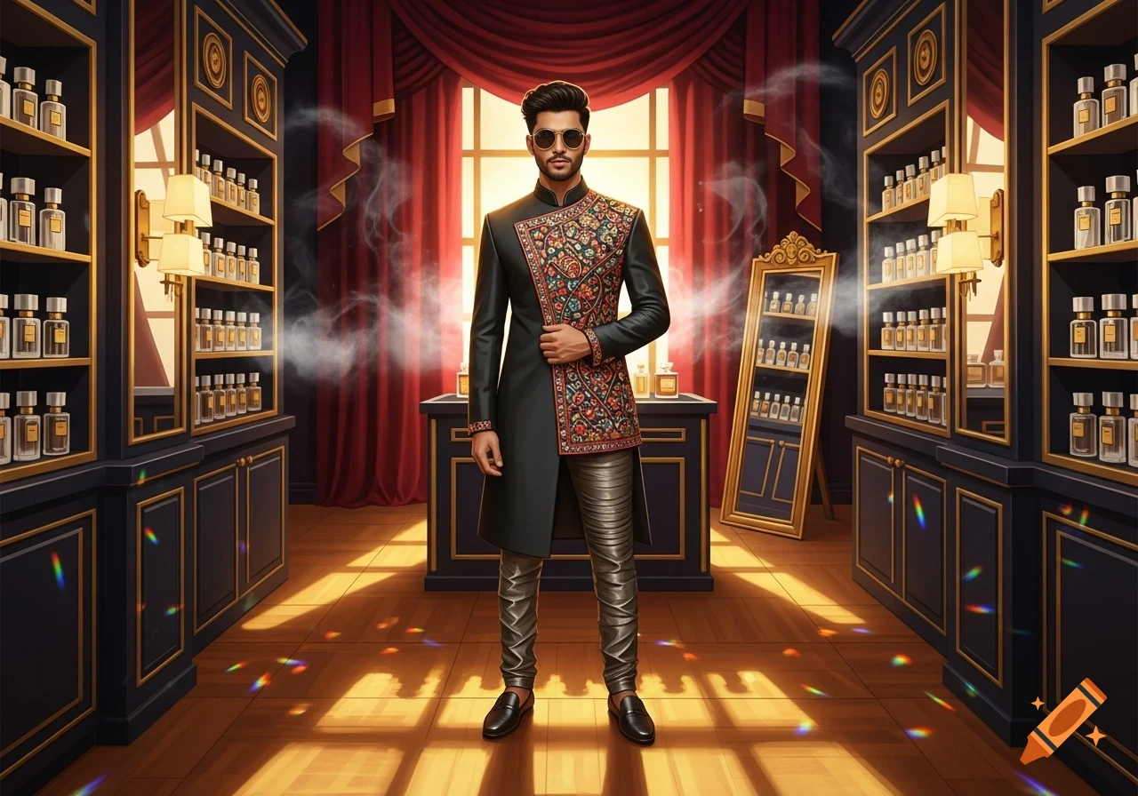 A stylish Indian man in a patterned black and gold outfit stands in a luxurious perfume shop, with bottles lining the shelves.