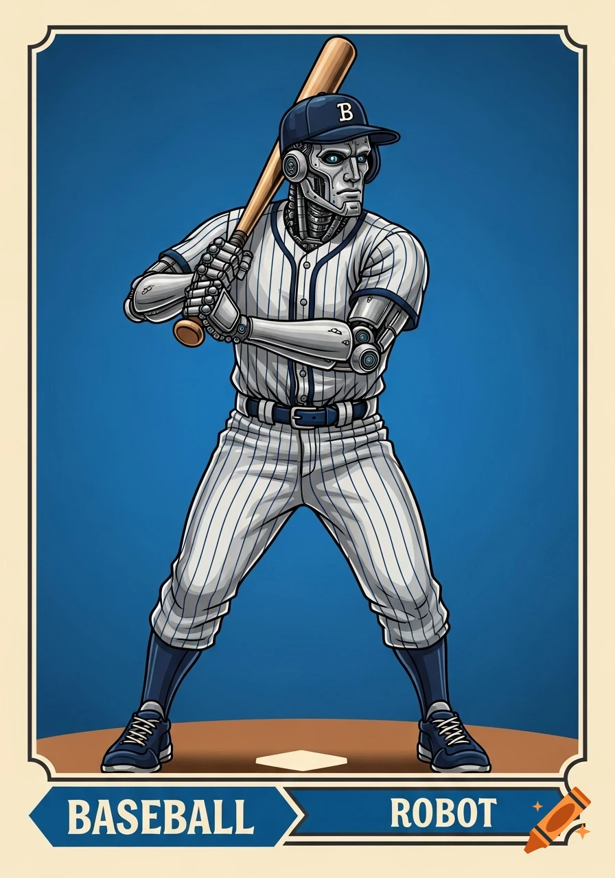 Illustrated baseball card featuring a robot batter in a pinstriped uniform, holding a bat against a blue background, with 'BASEBALL ROBOT' text.