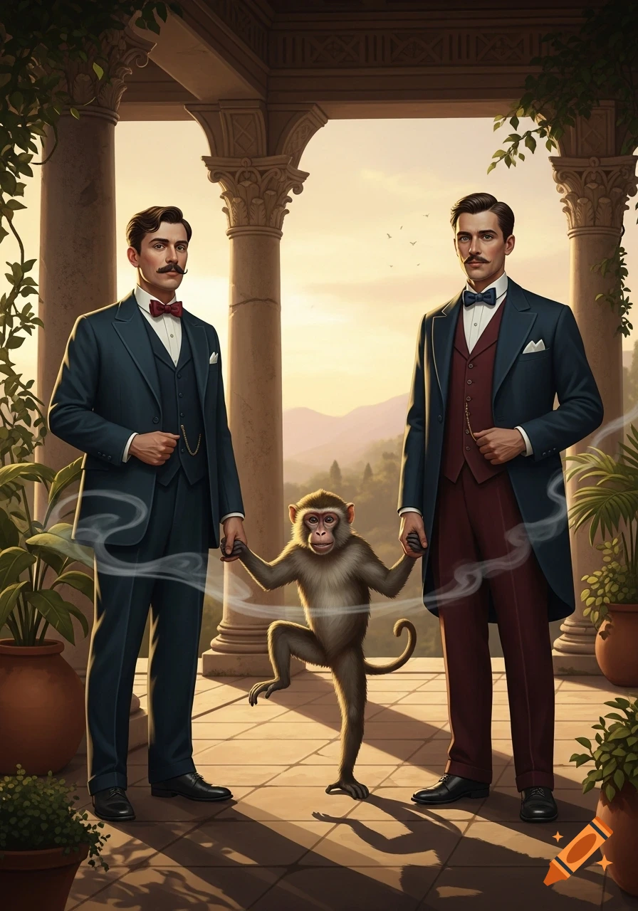 Two well-dressed men in suits stand with a monkey between them, holding its hands, on a patio with classical columns at sunset.