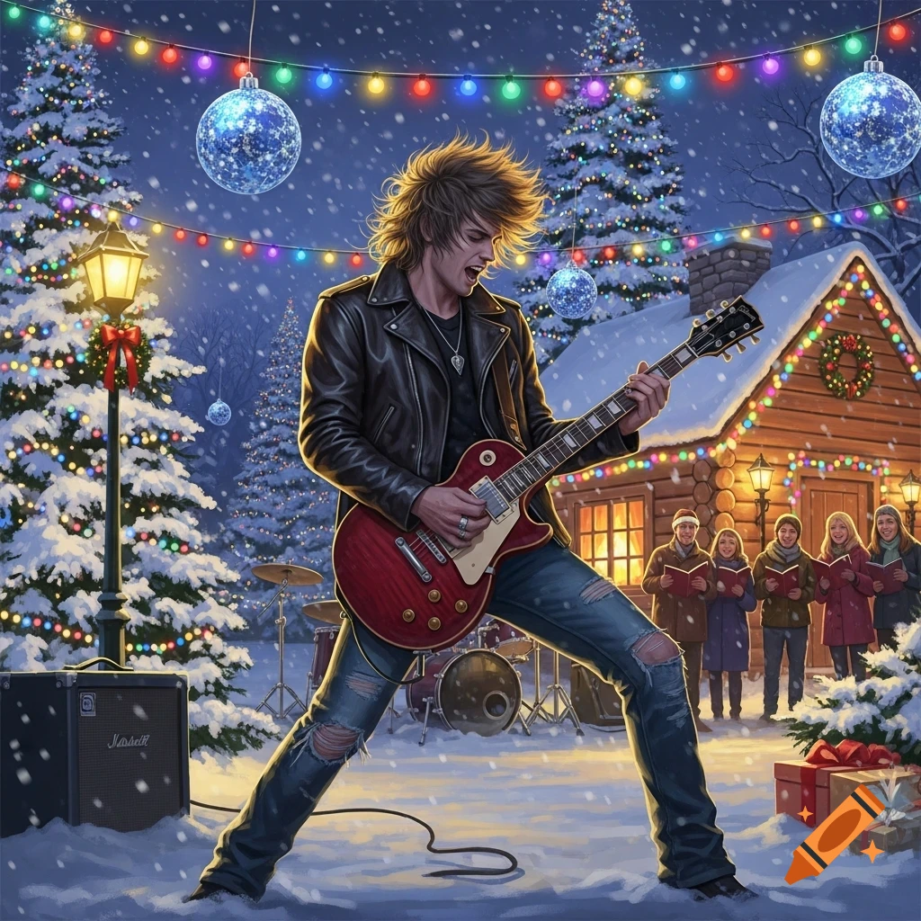 A male rock guitarist with spiky hair plays an electric guitar in a snowy Christmas scene with decorated trees, a cabin, and carolers.